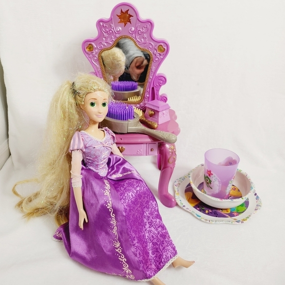 Disney Other - DISNEY princess Rapunzel bundle of doll with vanity and stool, brushes,plate,cup